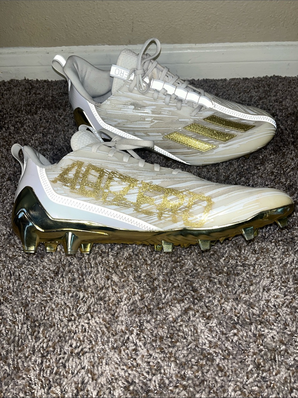 Adidas Men’s White and Gold Adizero Football Cleats
